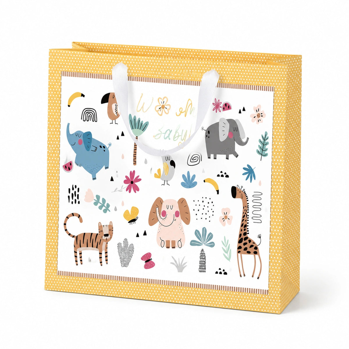 Sacchetto regalo 32 x 26 x 10 cm in carta giallo con animali stile infantile