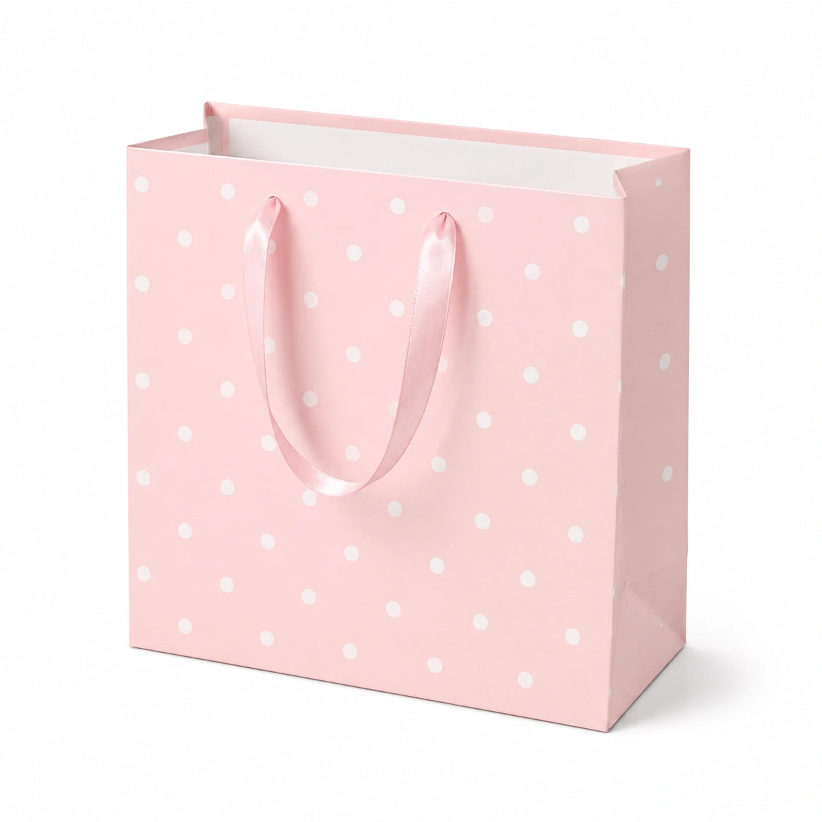 Sacchetto regalo 26 x 12 x 32 cm in carta rosa a pois con manici in nastro