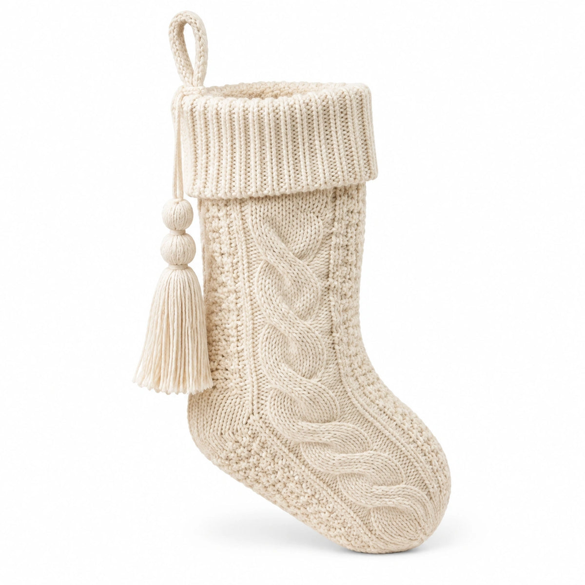 Calza decorativa natalizia 45 cm in maglia color crema con trecce e passante