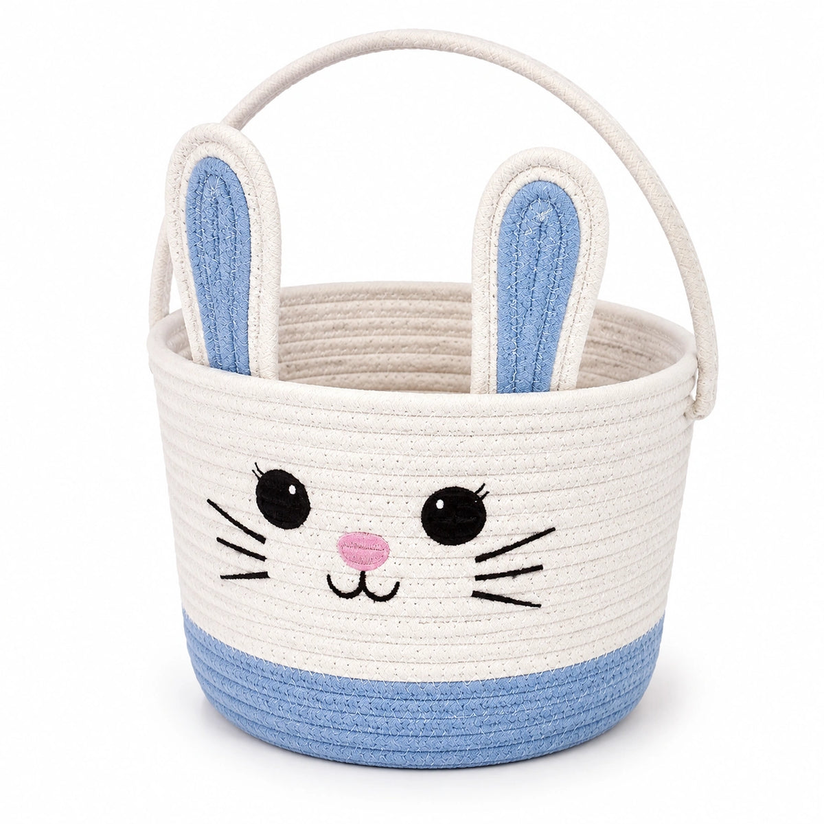 Cestino contenitore rotondo 25 cm in corda di cotone bianco e azzurro con manici design coniglio