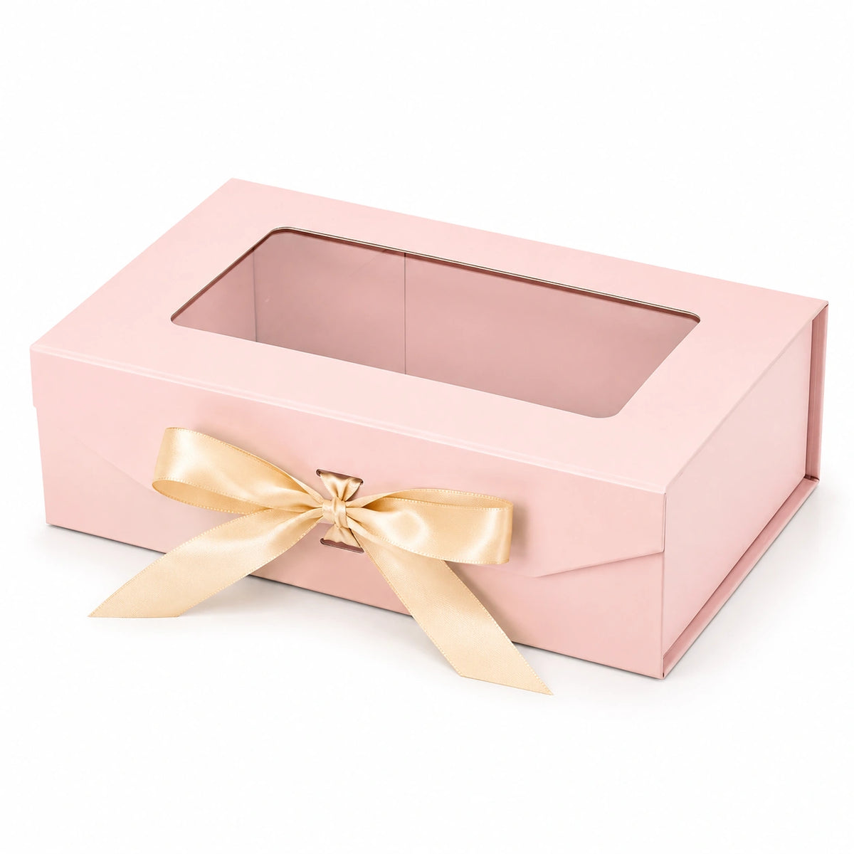Scatola regalo 30 x 20 x 12 cm in cartone rosa con finestra trasparente e nastro decorativo
